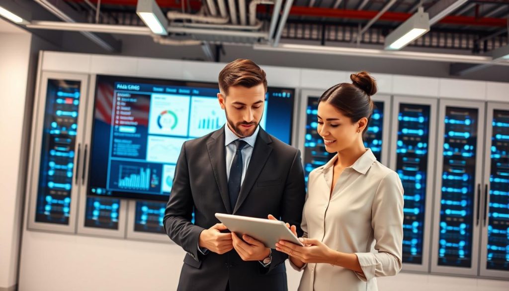 A sleek, modern office environment showcasing a powerful cloud computing infrastructure. In the foreground, a well-dressed professional man and woman, both in business attire, are engaged in a discussion while analyzing data on a tablet. The middle layer features a large screen displaying a sophisticated dashboard interface of Sage 300 ERP cloud software, filled with graphs and metrics, symbolizing reliability and uptime. The background reveals a network of servers with ambient blue lighting, emphasizing a high-tech atmosphere. The scene is well-lit, with soft, diffused lighting that creates a corporate yet inviting mood. The angle should capture both the professionals and the technology, promoting a sense of collaboration and innovation.