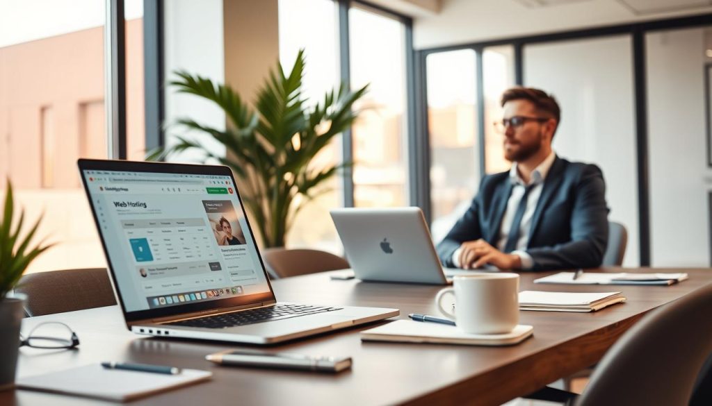 A sleek, modern office environment showcasing a small business workspace. In the foreground, a stylish desk with a laptop open to a web hosting dashboard, surrounded by organizational tools like a notepad and a coffee mug. In the middle ground, a well-dressed professional, wearing smart casual attire, is engaged in conversation over a video call, emphasizing teamwork and connectivity. In the background, large windows let in warm, natural light, creating an inviting atmosphere. Soft focus on a plant in a corner adds a touch of tranquility. The overall mood is optimistic and productive, reflecting the growing potential of small businesses using shared hosting solutions, captured in a high-quality, bright color scheme with a subtle lens blur effect to draw attention to the subject. A sleek, modern office environment showcasing a small business workspace. In the foreground, a stylish desk with a laptop open to a web hosting dashboard, surrounded by organizational tools like a notepad and a coffee mug. In the middle ground, a well-dressed professional, wearing smart casual attire, is engaged in conversation over a video call, emphasizing teamwork and connectivity. In the background, large windows let in warm, natural light, creating an inviting atmosphere. Soft focus on a plant in a corner adds a touch of tranquility. The overall mood is optimistic and productive, reflecting the growing potential of small businesses using shared hosting solutions, captured in a high-quality, bright color scheme with a subtle lens blur effect to draw attention to the subject.
