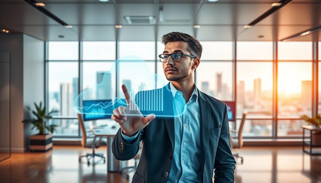 A sleek, modern office environment showcasing the concept of cloud hosting efficiency. In the foreground, a focused business professional in a smart, casual outfit interacts with a holographic display of cloud data analytics. The middle section features a stylish workspace with multiple monitors displaying graphs and data, visually representing the seamless operation of cloud services. In the background, large windows reveal a bright city skyline, symbolizing growth and connectivity. Soft, diffused lighting creates a warm and inviting atmosphere, highlighting the sense of productivity and innovation. The image is captured from a slightly elevated angle, emphasizing the futuristic technology while maintaining a professional and inviting mood.