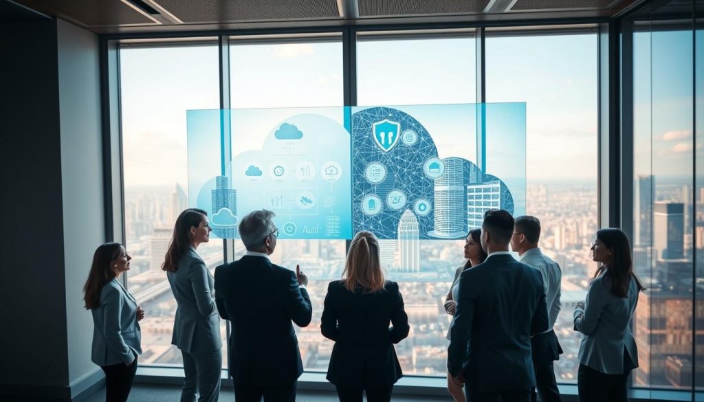 A sleek, modern office environment showcasing the concept of public and private cloud integration. In the foreground, a diverse group of business professionals in smart attire engage in discussion around a large, transparent touchscreen display, which visualizes cloud data flows and integration diagrams. In the middle ground, a blend of digital screens illustrates both public and private cloud infrastructures, with one side showing a vibrant, connected cityscape and the other depicting secure, private data centers. The background features large windows with a city skyline, symbolizing connectivity and innovation. Soft, natural lighting filters in, creating an open and collaborative atmosphere, while a high-angle perspective captures the dynamic interaction between team members and technology.