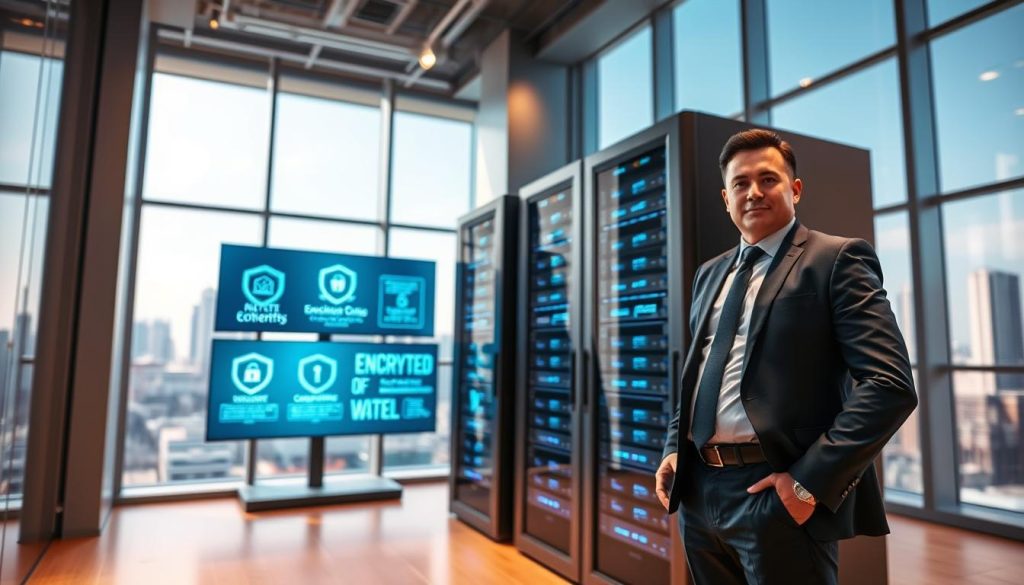 A sleek, modern office environment symbolizes security, featuring a professional individual in business attire engaged with advanced technology. In the foreground, a confident businessperson stands beside a large, secure server rack, glowing blue lights accentuating the hardware. The middle ground reveals multiple screens showing encrypted data and compliance certifications, suggesting robust security measures. In the background, tall windows overlook a cityscape under a clear, bright sky, signifying trust and openness. Soft, ambient lighting casts a warm glow throughout the room, creating a sense of calm and assurance. The angle is slightly angled upward to evoke strength and stability, while the overall mood is one of reliability and professionalism, perfectly encapsulating unmatched security standards.