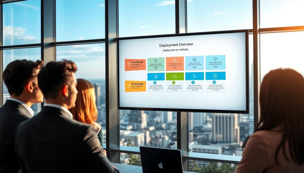 A sleek, modern office setting showcasing a digital deployment overview on a wall-mounted screen. In the foreground, a diverse team of three professionals dressed in business attire is engaged in discussion, analyzing the content displayed. In the middle ground, the screen displays a visually appealing infographic illustrating various deployment methods for Alfresco Content Services, including cloud-based, on-premises, and hybrid options, using vibrant colors and clear icons. In the background, large windows provide a panoramic view of a city skyline, bathed in soft, natural light that enhances the professional atmosphere. The scene conveys a mood of collaboration and innovation, with a focus on technology and strategic planning.
