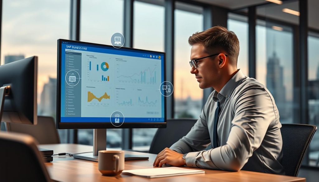 A sleek, modern office workspace showcasing a computer screen displaying the SAP Business One interface, surrounded by visual representations of specialized add-ons—such as charts, graphs, and icons symbolizing customized solutions. In the foreground, a business professional in smart attire analyzes data on the screen, exuding confidence and focus. The middle ground features an ergonomic desk with minimalistic design elements, including a notepad and a coffee cup, enhancing the work atmosphere. In the background, large windows provide natural light, casting a warm glow, while a city skyline can be faintly seen, symbolizing connectivity and growth. The overall mood reflects innovation, success, and professionalism, intended to inspire productivity and collaboration.