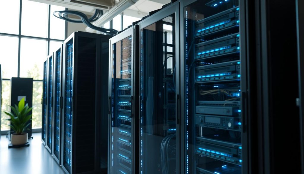 A sleek, modern server room filled with high-performance hardware, showcasing the latest generation of processors and graphics cards. In the foreground, a powerful server rack glows with blue LED lights, emphasizing efficiency. The middle ground features a row of servers with intricate cooling systems and cable management, while in the background, large windows let in natural light, creating a bright and airy atmosphere. The space is designed with sustainable materials, demonstrating a commitment to eco-friendly technology. The mood is optimistic and innovative, reflecting the promise of green cloud hosting. Capture the scene with a slightly angled perspective, using soft lighting to highlight the elegance of the hardware setup.