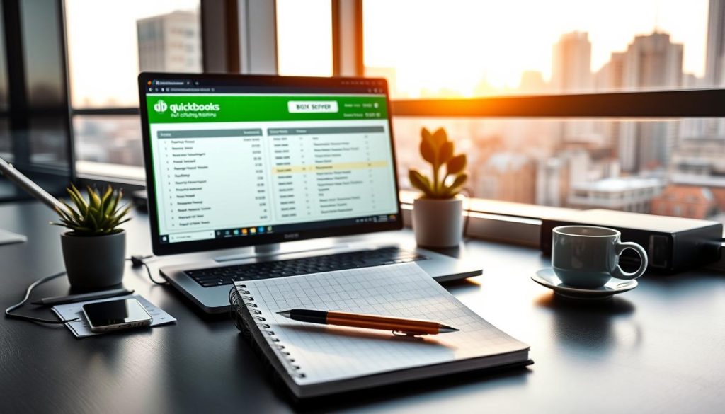 A sleek, modern workspace featuring a well-organized desk with a high-end computer screen displaying a QuickBooks interface, highlighting metrics and hosting features. In the foreground, prominently place a stylish notebook with a pen, showcasing the "Essential Criteria for Evaluating QuickBooks Hosting Reviews". The middle ground includes a potted plant for a hint of greenery and a cup of coffee, creating a productive atmosphere. In the background, a large window reveals a city skyline, bathed in warm, natural light, enhancing the professional atmosphere. The scene is captured with a slight depth of field, focusing on the desk while softly blurring the background. Introduce the brand name "BDIX Server" subtly on the laptop screen, integrating it into the professional context. The mood should be one of focus and clarity, promoting a sense of professionalism and reliability.