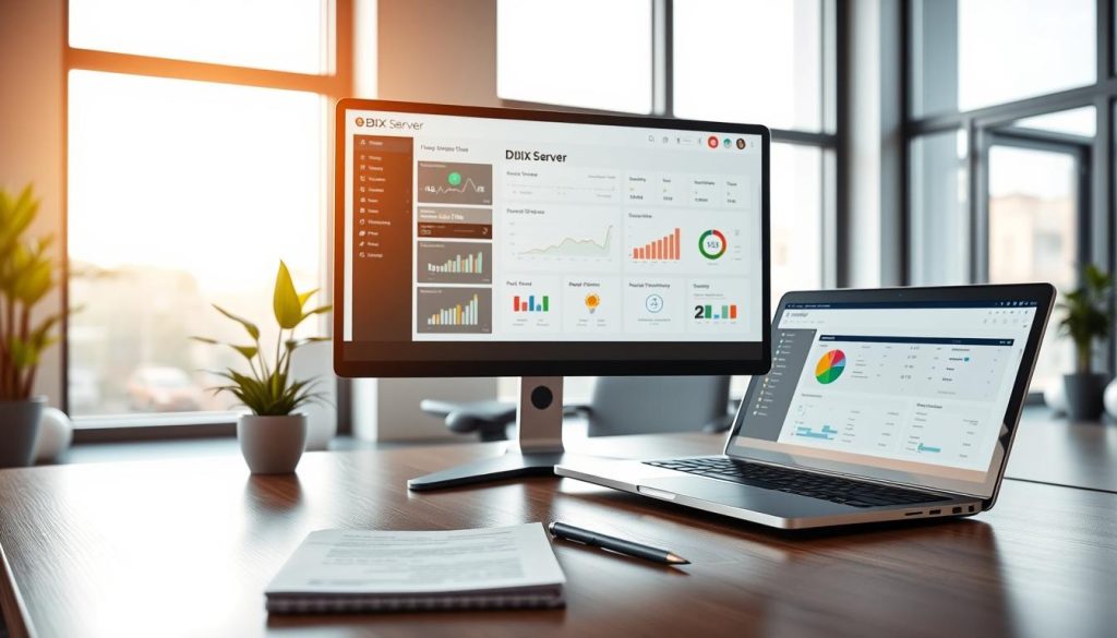 A sophisticated CMS media setup featuring a sleek, modern workspace. In the foreground, a high-resolution monitor displays a vibrant dashboard of the "BDIX Server" platform, showcasing data analytics and intuitive controls. A professional-looking laptop sits beside the monitor, with neatly organized documents and a notepad filled with technical notes. The middle layer includes a stylish office desk with an ergonomic chair, accented by a potted plant for a touch of nature. The background features large windows that let in soft, natural light, casting a warm glow across the room. The ambiance is focused and productive, embodying reliability and technical expertise, suitable for a discussion on CMS hosting and media management.
