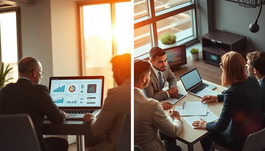 A split-screen comparison of two professional business environments showcasing different QuickBooks hosting providers. On the left, a modern office setting with a sleek laptop displaying a user-friendly interface, charts, and analytics visualizations glowing on the screen, accented by bright, natural light streaming through large windows. On the right, a cozy yet tech-savvy workspace featuring an elegant desktop setup, alongside documents and notes for review purposes, surrounded by warm ambient lighting. In the foreground, a diverse group of professionals dressed in smart business attire, engaged in a discussion about features and pricing, looking focused and analytical. The background should hint at a dynamic, fast-paced atmosphere, indicative of the tech industry, with soft-focus elements suggesting innovation and connectivity.