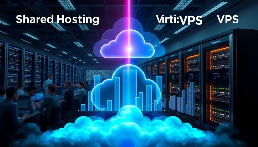 A split-screen image illustrating "Shared Hosting" on one side and "Virtual Private Servers" (VPS) on the other. In the foreground, the shared hosting side features a crowded server room with multiple clients accessing services, symbolizing shared resources, depicted with low lighting to suggest congestion. The VPS side contrasts with a sleek server configuration showcasing dedicated resources, illuminated with bright, focused lighting to create a sense of speed and efficiency. The middle layer presents digital graphs highlighting speed and performance metrics, blended harmoniously between both sides. The background features abstract cloud motifs to emphasize cloud hosting, creating a technological atmosphere. The mood should reflect a comparison, illustrating tension between shared limitations and the freedom of VPS hosting, rendered with a modern, digital art style.