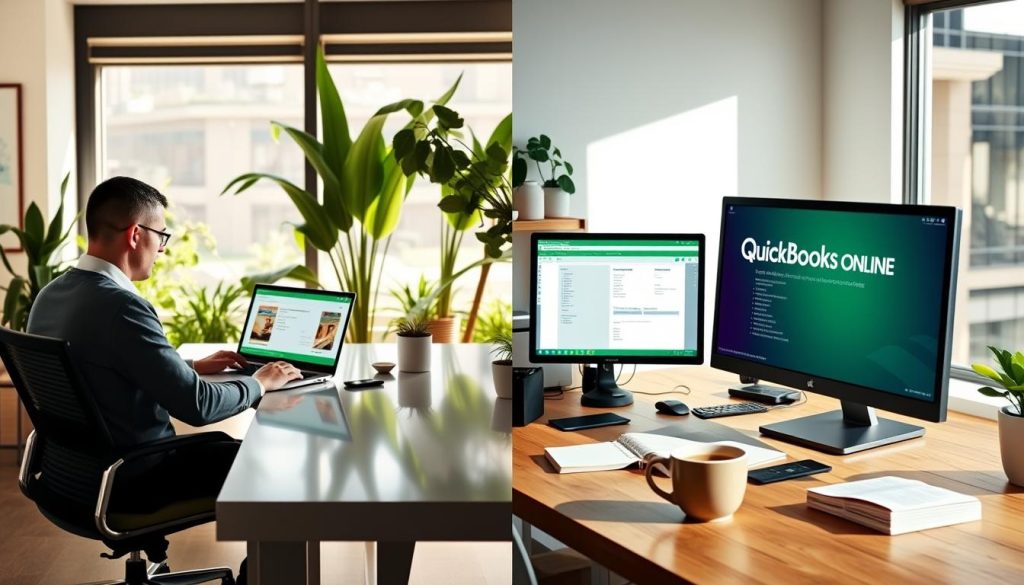 A split-screen image illustrating the comparison between QuickBooks Online and hosted desktop solutions. On the left, depict a modern office environment with a user seated at a sleek desk, interacting with QuickBooks Online on a laptop, surrounded by vibrant greenery and light streaming through a window, creating an inviting atmosphere. On the right, show a traditional desktop setup with a larger monitor displaying QuickBooks desktop version, notes and accounting books scattered around, and a cup of coffee for a cozy touch. Use soft, natural lighting to enhance the professionalism of the scene, captured from a slightly elevated angle to provide a comprehensive view. The mood should be productive and focused, conveying efficiency and modernity.