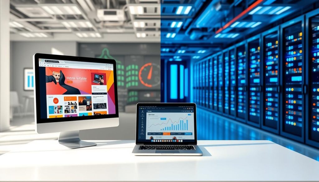 A split-screen image illustrating the concept of "Website Builder vs Web Hosting." In the foreground, on the left side, depict a computer screen displaying a vibrant, user-friendly website builder interface, featuring colorful templates and drag-and-drop tools. On the right side, show a server room filled with high-tech servers and equipment, symbolizing web hosting, with LED lights glowing softly. In the middle ground, place a clean, modern desk with a laptop showing website analytics. The background should feature a subtle blend of abstract digital elements, representing the internet and technology. Use bright, natural lighting to create an inviting atmosphere, shot from a slight overhead angle for a comprehensive view. The overall mood should be informative yet engaging, appealing to both tech-savvy and novice users.