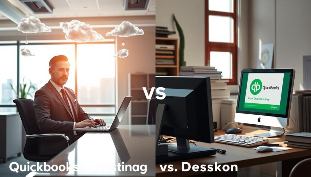 A split-screen image illustrating the contrast between QuickBooks Cloud Hosting and Desktop. On the left, a sleek, modern office environment with a person in professional business attire using a laptop, with cloud icons and data streams floating above, symbolizing cloud computing. Bright, warm lighting enhances a sense of innovation and connectivity. On the right, a traditional office setup featuring an older computer with a desktop version of QuickBooks on the screen, surrounded by paper files and a more cluttered space, evoking a sense of conventionality and permanence. Natural light filters through a window, highlighting dust motes in the air. The overall mood balances a sense of progress versus tradition, perfect for discussing the advantages and preferences of each option.
