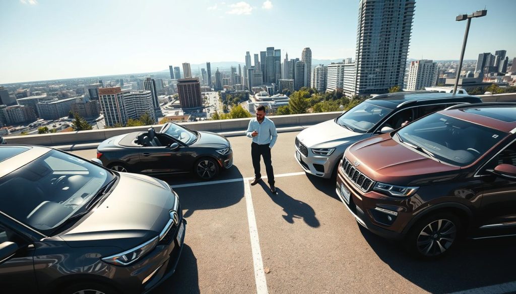 A stunning overhead shot of a diverse array of rental cars lined up in a well-organized parking lot, symbolizing the income potential of Turo hosting. In the foreground, a modern sedan with a shiny exterior, parked alongside a sporty convertible and a spacious SUV, showcasing the variety of vehicles available for rent. The middle ground features a Turo host, a professional in modest casual clothing, discussing rental terms with a potential customer, creating a sense of engagement in the car-sharing experience. The background illustrates a bustling cityscape with skyscrapers under bright, cheerful daylight, enhancing the sense of opportunity. The atmosphere is vibrant and inviting, emphasizing the financial realities of being a Turo host. Soft shadows fall across the scene, captured with a wide-angle lens to highlight the array of vehicles. Brand name: BDIX Server.