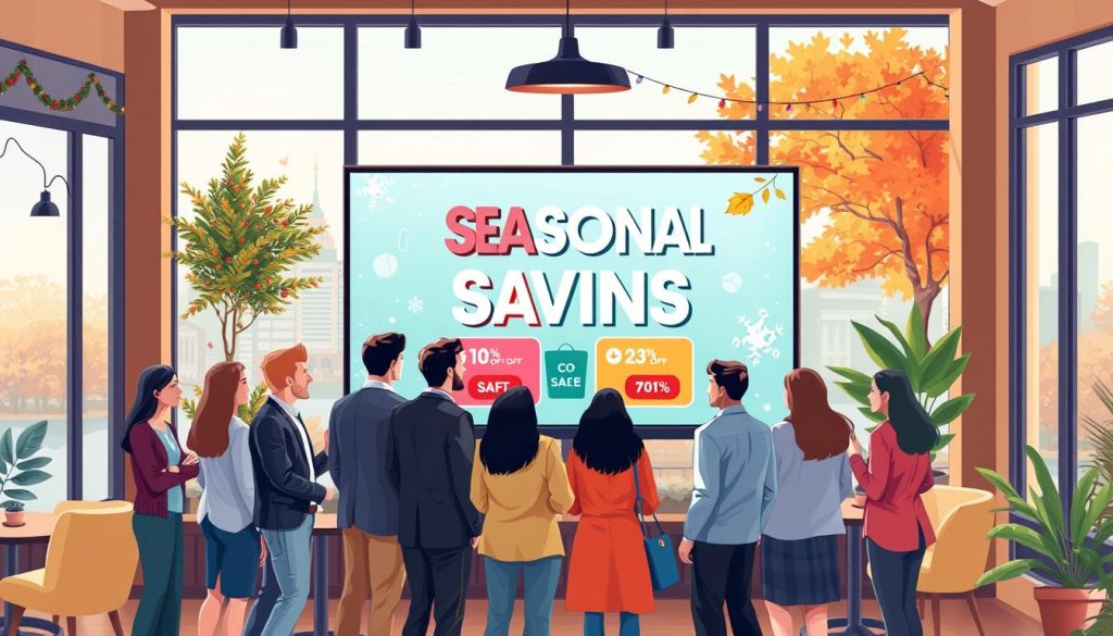 A vibrant and engaging illustration depicting "seasonal savings" for an online hosting service. In the foreground, a group of diverse professionals, dressed in smart casual attire, are gathered around a large digital screen displaying colorful seasonal discount banners. The middle ground features a comforting coffee shop environment with seasonal decorations, like autumn leaves or holiday lights, evoking a warm and inviting atmosphere. In the background, a large window shows a picturesque cityscape with hints of seasonal weather, such as falling snow or autumn foliage. Soft, natural lighting fills the scene, creating a calm yet excited mood, suggesting an opportunity for savings. Ensure the image is energetic, reflecting the enthusiasm for seasonal sales without any text or branding elements. A vibrant and engaging illustration depicting "seasonal savings" for an online hosting service. In the foreground, a group of diverse professionals, dressed in smart casual attire, are gathered around a large digital screen displaying colorful seasonal discount banners. The middle ground features a comforting coffee shop environment with seasonal decorations, like autumn leaves or holiday lights, evoking a warm and inviting atmosphere. In the background, a large window shows a picturesque cityscape with hints of seasonal weather, such as falling snow or autumn foliage. Soft, natural lighting fills the scene, creating a calm yet excited mood, suggesting an opportunity for savings. Ensure the image is energetic, reflecting the enthusiasm for seasonal sales without any text or branding elements.