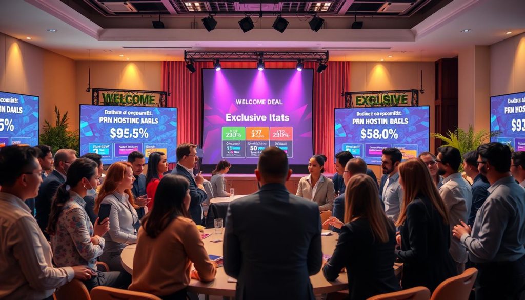 A vibrant and engaging scene depicting a lively deal show environment. In the foreground, diverse professionals in smart casual attire are gathered around a large round table, enthusiastically discussing promotional offers. The middle ground features an appealing display of digital screens showcasing various PBN hosting deals, with colorful graphics and discount percentages prominently featured. Background elements include soft lighting that creates an inviting atmosphere, with faux plant decorations and a welcoming stage area equipped with spotlights. The lens captures the scene from a slightly elevated angle to provide a comprehensive view, enhancing the feel of community collaboration and excitement around exclusive deals. The mood is energetic and positive, reflecting a sense of opportunity and teamwork.