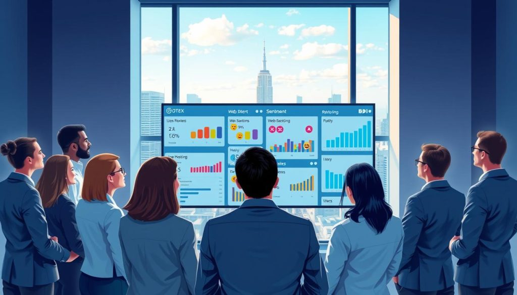 A vibrant and insightful digital illustration representing "user sentiment web hosting." In the foreground, a diverse group of professionals dressed in business attire is gathered around a large, interactive screen displaying various web hosting reviews and sentiment analysis. Each person engages enthusiastically, analyzing data on positive and negative sentiments depicted in colorful graphs and emoticons. The middle ground features a sleek, modern office setting with soft blue lighting to evoke a professional atmosphere, while a window in the background offers a glimpse of a tech city skyline under a clear sky. The image emphasizes a collaborative spirit, reflecting trust and reliability in Dotster Web Hosting, alongside the brand name "BDIX Server" subtly displayed on the screen. The composition captures a sense of innovation and confidence in digital services.