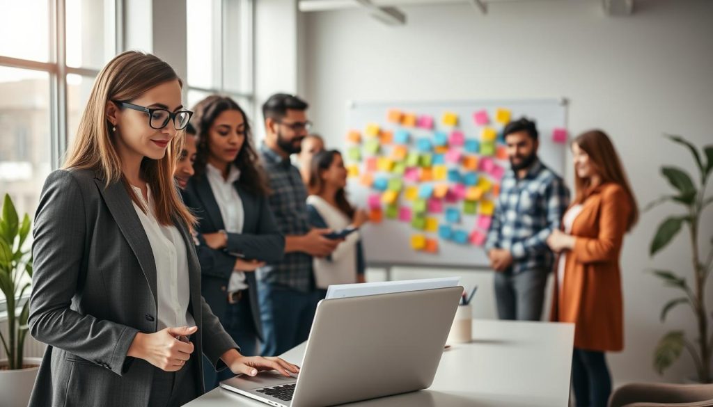 A vibrant and professional scene depicting a diverse group of local business owners collaborating in a bright, modern office space, showcasing their successful web hosting solutions. In the foreground, a woman in smart business attire discusses with a man in glasses, both looking at a laptop displaying analytics charts. In the middle ground, a diverse team is engaged in brainstorming around a whiteboard filled with colorful post-it notes. The background features large windows allowing natural light to flood the room, creating an inviting atmosphere. The overall mood is one of collaboration and achievement, emphasizing community success in a tech-focused environment. The image should have a warm color palette with soft shadows to enhance professionalism, shot at eye level for intimacy and engagement.