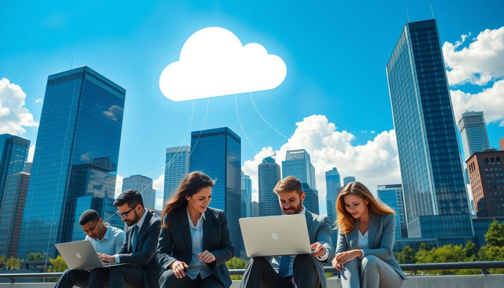 A vibrant cityscape representing a public cloud environment, featuring a large, bright, and stylized cloud icon in the sky, symbolizing digital connectivity. In the foreground, a diverse group of professionals in business attire is gathered around laptops, analyzing data, and collaborating, with expressions of focus and determination. The middle ground includes sleek modern skyscrapers made of glass and steel, reflecting sunlight, while digital data streams elegantly flow from the cloud towards the buildings. The background shows a clear blue sky with fluffy white clouds, creating a sense of openness and opportunity. Natural lighting highlights the scene, with a slight lens flare to emphasize innovation and growth. The overall mood is optimistic and dynamic, capturing the essence of the strategic shift to public cloud technology.