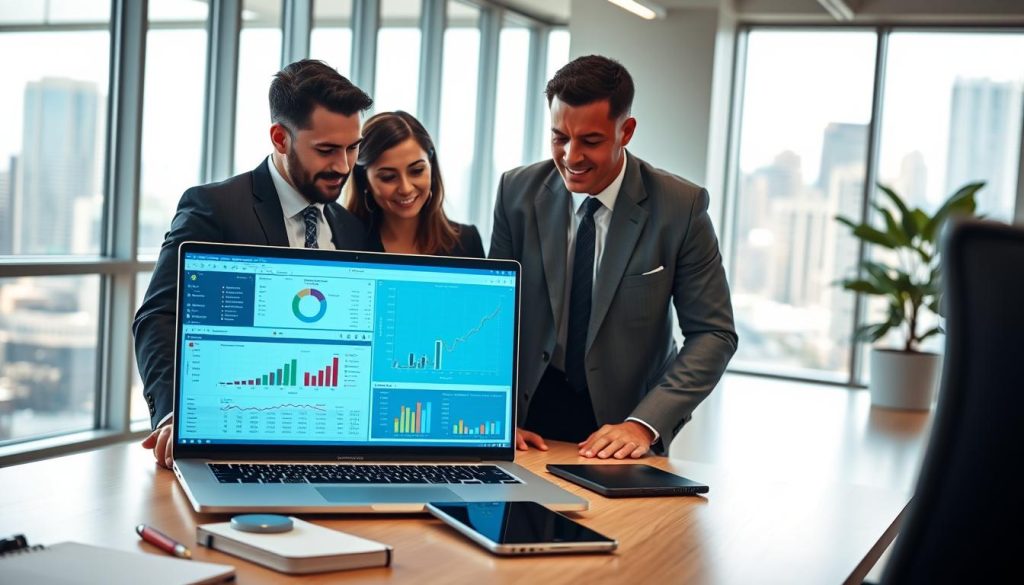 A vibrant, modern office environment showcasing the seamless integration of Proseries and QuickBooks Accountant. In the foreground, a diverse group of three professionals, dressed in smart business attire, collaborate over a sleek laptop displaying dual screens of Proseries and QuickBooks interfaces with colorful graphs and financial data. The middle-ground features an organized desk with office supplies and a digital tablet. In the background, large windows reveal a bright city skyline, illuminated with natural daylight. Soft and diffused lighting fills the room, creating a focused yet inviting atmosphere. The overall mood is energetic and productive, conveying teamwork and technological advancement in a contemporary workspace.