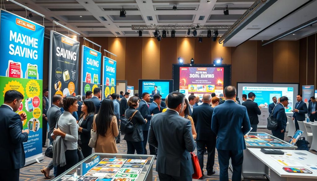 A vibrant scene depicting a "Maximize Savings Deal Show," set in a modern conference hall with attendees exploring. In the foreground, a diverse group of professionals in smart business attire are engaged, examining colorful banners showcasing various savings deals and coupons, with bright visuals of discounts and percentage off signs. The middle layer features sleek display tables filled with enticing promotional materials and a digital screen detailing exceptional offers. The background includes a well-lit stage with a presenter animatedly discussing strategies for maximizing savings, framed by spotlights that create an energetic atmosphere. The overall mood exudes excitement and motivation, captured from a slightly elevated angle that enhances the sense of engagement and interaction among participants.