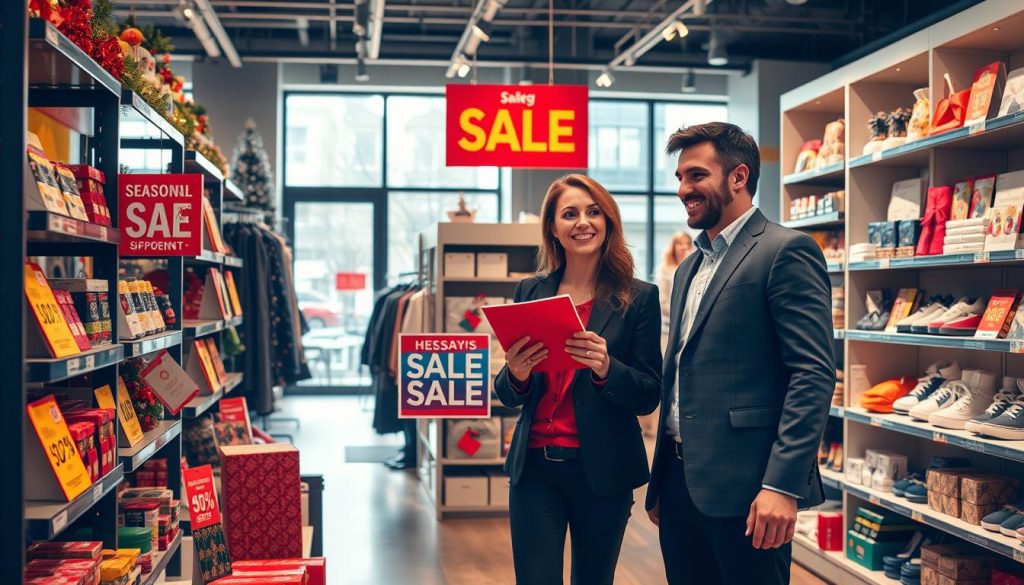 A vibrant seasonal sale scene set in a modern, well-organized store. In the foreground, a professional-looking woman and a man in smart casual attire are happily examining colorful sale signs prominently displaying discounts. The middle ground features neatly arranged shelves filled with seasonal products like holiday decorations, clothing, and home goods, all tagged with bright labels indicating savings. The background showcases large windows allowing warm, natural light to flood the space, enhancing the inviting atmosphere. Soft shadows create depth, capturing a joyful shopping environment. The overall mood is cheerful and optimistic, reflecting the excitement of seasonal promotions, with a focal angle emphasizing the interaction between the shoppers and the sale items.