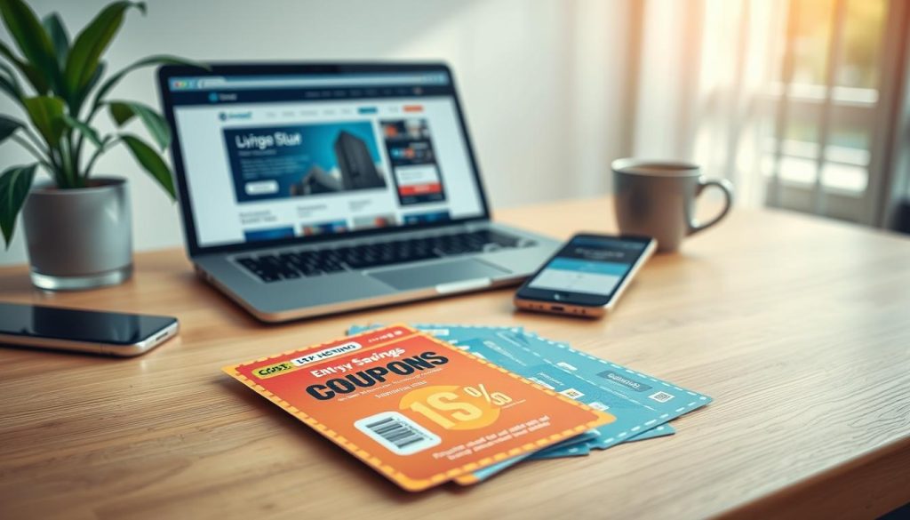 A visually appealing flat lay composition centered around Lyhme Hosting coupons, arranged on a clean, modern wooden desk. In the foreground, vibrant, eye-catching coupons featuring an attractive design, possibly with symbols like dollar signs or percentage discounts. The middle ground includes a sleek laptop displaying a web page with hosting deals, complemented by a stylish smartphone showing a notification about coupon savings. In the background, out-of-focus elements like a potted plant and a cup of coffee create a cozy workspace atmosphere. Soft, natural lighting streaming through a nearby window enhances the inviting feel. The overall mood is one of satisfaction and excitement, reflecting the benefits of using the coupons. A visually appealing flat lay composition centered around Lyhme Hosting coupons, arranged on a clean, modern wooden desk. In the foreground, vibrant, eye-catching coupons featuring an attractive design, possibly with symbols like dollar signs or percentage discounts. The middle ground includes a sleek laptop displaying a web page with hosting deals, complemented by a stylish smartphone showing a notification about coupon savings. In the background, out-of-focus elements like a potted plant and a cup of coffee create a cozy workspace atmosphere. Soft, natural lighting streaming through a nearby window enhances the inviting feel. The overall mood is one of satisfaction and excitement, reflecting the benefits of using the coupons.