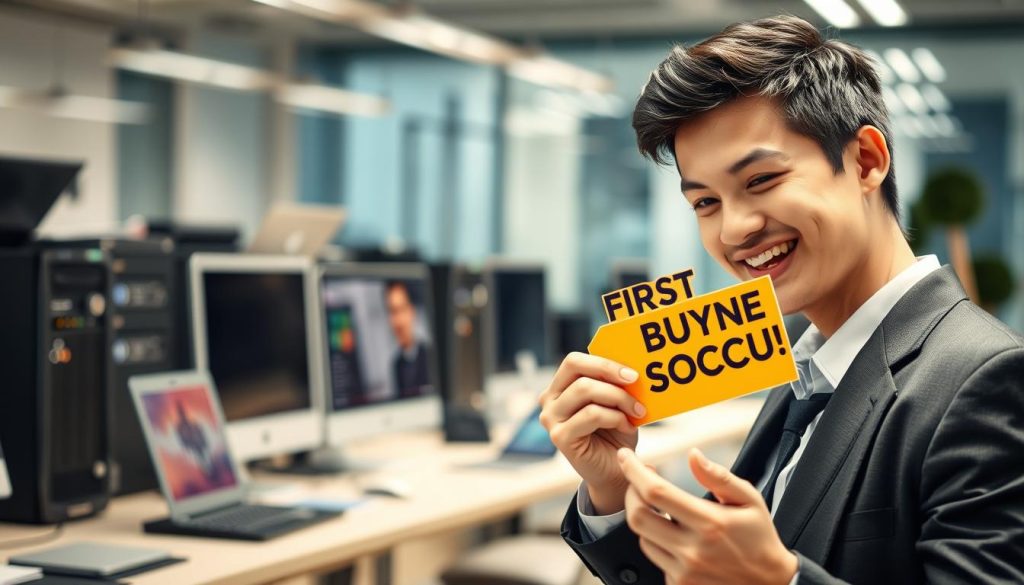 A visually appealing scene illustrating a "first time buyer discount" concept. Foreground: a young professional in business attire, smiling and examining a vibrant discount tag or coupon that displays an attractive offer. Middle: a contemporary office desk cluttered with tech gadgets like servers and computers, hinting at web hosting services. Background: a blurred view of a modern office space with soft-focus lighting, creating a welcoming and optimistic atmosphere. The lighting is bright, emphasizing the freshness of new opportunities, while an angled shot captures the engagement and excitement in the professional's expression. The overall mood is cheerful and encouraging, reflecting the benefits of first-time buying in a digital world. A visually appealing scene illustrating a "first time buyer discount" concept. Foreground: a young professional in business attire, smiling and examining a vibrant discount tag or coupon that displays an attractive offer. Middle: a contemporary office desk cluttered with tech gadgets like servers and computers, hinting at web hosting services. Background: a blurred view of a modern office space with soft-focus lighting, creating a welcoming and optimistic atmosphere. The lighting is bright, emphasizing the freshness of new opportunities, while an angled shot captures the engagement and excitement in the professional's expression. The overall mood is cheerful and encouraging, reflecting the benefits of first-time buying in a digital world.
