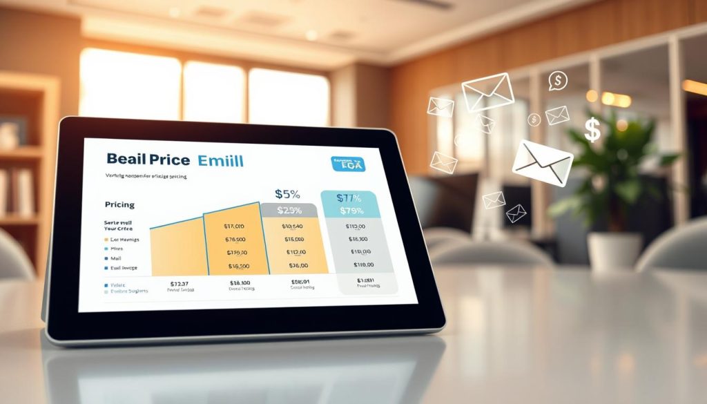 A visually engaging illustration depicting "email pricing" in a professional context. In the foreground, feature a sleek digital device, like a tablet or laptop, displaying a chart or graph showing various pricing tiers for email hosting services. In the middle ground, incorporate elements like typical email icons (envelopes, inboxes) and currency symbols, suggesting financial considerations. The background should contain a soft-focus office environment, with a window allowing natural light to illuminate the scene, creating a warm and inviting atmosphere. Use a wide-angle lens perspective to enhance depth, ensuring everything is crisp and clear. The overall mood should be analytical yet approachable, reflecting a serious examination of pricing structures within IT services, specifically showcasing "BDIX Server" prominently within the pricing visuals.