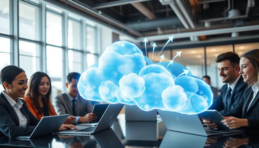 A visually engaging "migration cloud" scene, depicting a group of professional individuals in business attire working together on laptops and tablets, seamlessly transitioning data to a vibrant, ethereal cloud overhead. In the foreground, focus on diverse professionals collaborating, their expressions showing determination and clarity. The middle ground features a dynamic cloud formation with luminous data streams and arrows symbolizing movement, glowing softly in hues of blue and white. In the background, a bright office environment with large windows allowing natural light to flood the space, creating an atmosphere of productivity and innovation. Capture the scene with a wide-angle lens to emphasize the depth and flow of the migration process, highlighting a sense of teamwork and modern technology. The overall mood is optimistic and forward-looking, representing efficiency and streamlined operations.