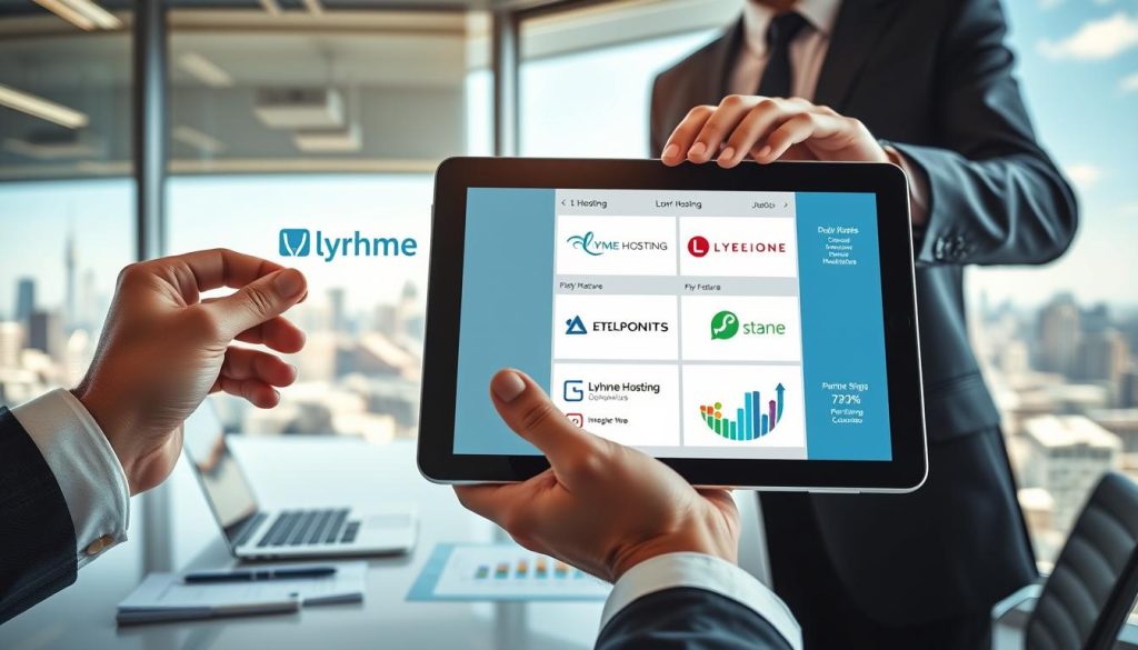 A visually engaging scene depicting a modern office space where a professional in business attire analyzes various Lyhme hosting brand logos on a sleek digital tablet. In the foreground, the tablet showcases a split-screen comparison of Lyhme Hosting and other popular hosting brands, with colorful branding elements and key features highlighted. In the middle ground, a stylish desk with a laptop, notepad, and colorful charts indicating performance metrics. In the background, a large window reveals a bustling city skyline under bright natural light, creating a productive and inspiring atmosphere. The overall mood is analytical and focused, capturing the essence of a strategic comparison in a contemporary workspace. A visually engaging scene depicting a modern office space where a professional in business attire analyzes various Lyhme hosting brand logos on a sleek digital tablet. In the foreground, the tablet showcases a split-screen comparison of Lyhme Hosting and other popular hosting brands, with colorful branding elements and key features highlighted. In the middle ground, a stylish desk with a laptop, notepad, and colorful charts indicating performance metrics. In the background, a large window reveals a bustling city skyline under bright natural light, creating a productive and inspiring atmosphere. The overall mood is analytical and focused, capturing the essence of a strategic comparison in a contemporary workspace.