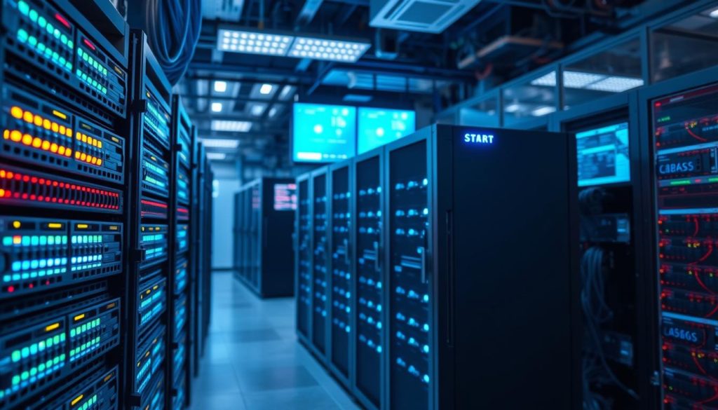 A visually striking comparison between shared hosting and dedicated servers. In the foreground, depict a sleek, modern shared hosting server rack bustling with multiple compact server units, showcasing a vibrant LED light glow. In contrast, display a robust dedicated server unit in the middle ground, characterized by its larger size and singular focus, illuminated by soft blue lighting emphasizing its strength. The background presents a high-tech server room ambiance, filled with cables and digital screens displaying data. The scene should have a professional atmosphere, with clear, cool lighting, shot from an eye-level angle to create depth. Overall, the image should evoke a sense of reliability and technological sophistication in web hosting solutions. A visually striking comparison between shared hosting and dedicated servers. In the foreground, depict a sleek, modern shared hosting server rack bustling with multiple compact server units, showcasing a vibrant LED light glow. In contrast, display a robust dedicated server unit in the middle ground, characterized by its larger size and singular focus, illuminated by soft blue lighting emphasizing its strength. The background presents a high-tech server room ambiance, filled with cables and digital screens displaying data. The scene should have a professional atmosphere, with clear, cool lighting, shot from an eye-level angle to create depth. Overall, the image should evoke a sense of reliability and technological sophistication in web hosting solutions.