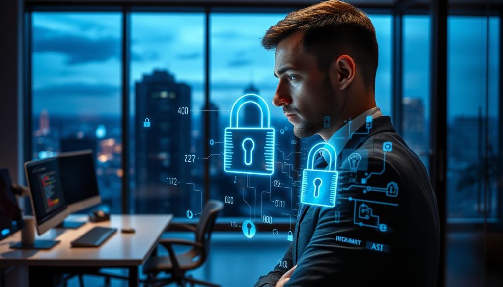 A visually striking depiction of data security as the focal point. In the foreground, a professional individual in business attire is intently observing a holographic display of a digital lock surrounded by floating data streams and encryption symbols, their expression reflecting concentration and seriousness. In the middle ground, a modern office environment features sleek technology, such as computers and servers, subtly illuminated by ambient blue light, symbolizing a high-tech atmosphere. The background shows a cityscape through a large window, with a twilight glow, suggesting a secure and safe working environment. Soft backlighting highlights the professional's figure, creating depth and emphasizing the importance of protecting sensitive client data. The overall mood is focused and serious, conveying trust and security in digital information management.