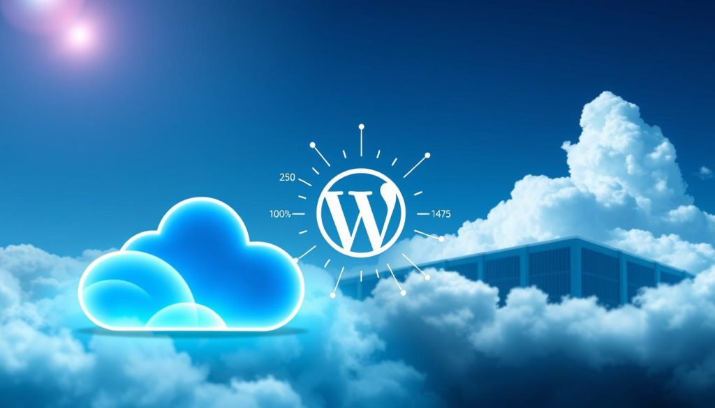 A visually striking digital illustration depicting the concept of cloud hosting and WordPress hosting performance. In the foreground, a sleek, modern server icon representing cloud technology, with soft blue and white glowing effects. In the middle ground, a stylized WordPress logo with network connections radiating from it, surrounded by performance metrics such as speed and uptime graphs, symbolizing the comparison. The background features a cloudy sky, blending seamlessly into a data center silhouette, suggesting the intersection of technology and hosting. The lighting is bright and futuristic, giving an optimistic feel, with a slight lens flare effect to enhance the atmosphere. The overall mood is professional and innovative, reflecting the advancement in hosting solutions.