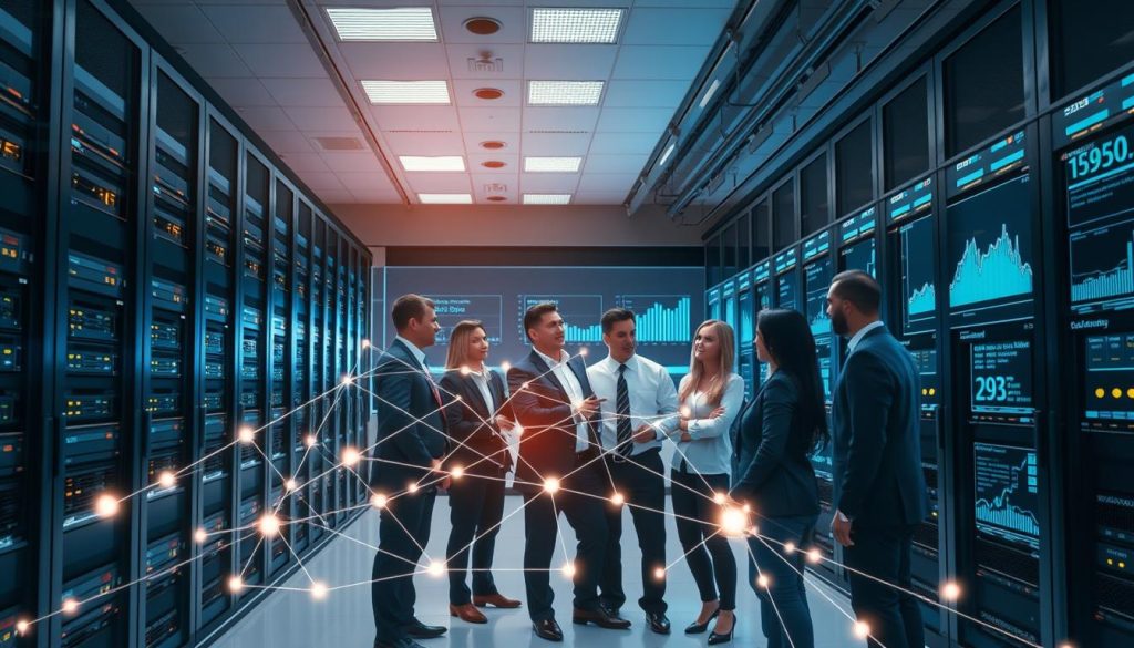A visually striking illustration of "system reliability," featuring a sophisticated server room with multiple server racks displaying blinking lights, emphasizing a sense of high-tech efficiency. In the foreground, a diverse group of professionals in smart business attire, deeply engaged in a discussion, pointing at a digital dashboard showcasing real-time system metrics. The middle layer should include a glowing, transparent overlay of interconnected network lines symbolizing connectivity and reliability flows. The background features large screens displaying uptime statistics and system health graphs. Soft, ambient lighting creates a focused atmosphere, highlighting the importance of high availability. The image captures a mood of confidence and professionalism, embodying the essence of dependable cloud hosting solutions.