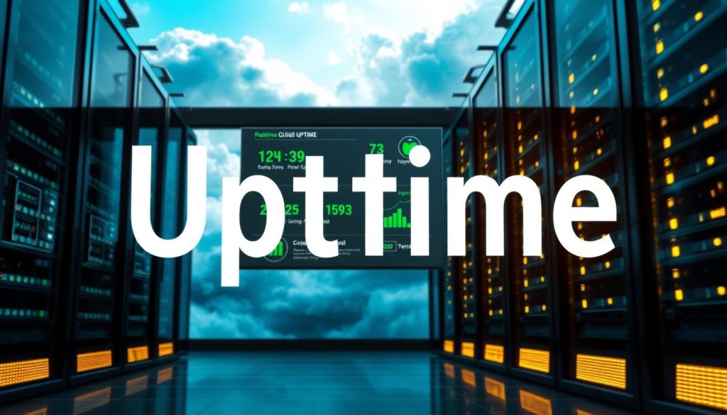 A visually striking representation of "Uptime," featuring a sleek, modern server room in the foreground with glowing server racks, symbolizing reliable cloud hosting. In the middle ground, a digital display screen shows real-time uptime statistics, with green indicators and graphs, suggesting stability and performance. The background features an abstract cloud landscape, blending blue and white tones, with soft, diffused lighting creating an uplifting, optimistic atmosphere. The scene is illuminated with a gentle glow, emphasizing a sense of security and efficiency. The composition should be captured from a slightly elevated angle, offering a comprehensive view of the server room while infusing a sense of technological advancement and trustworthiness.