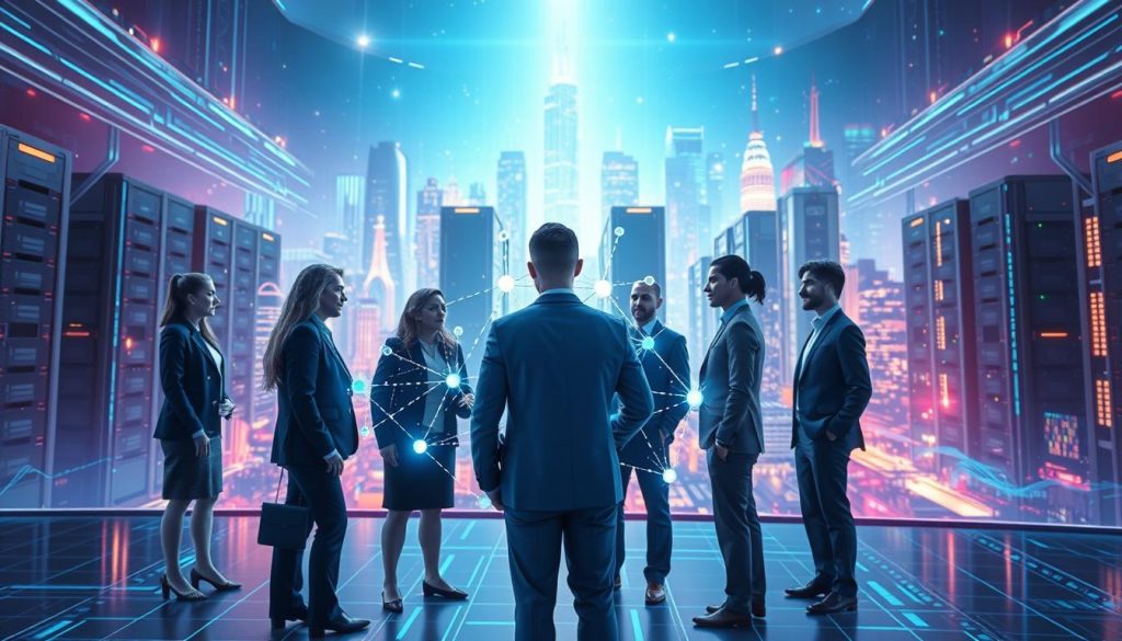 A visually striking representation of decentralized web hosting, set in a futuristic digital landscape. In the foreground, a diverse group of professionals in business attire is gathered around a holographic display showcasing interconnected nodes symbolizing decentralized networks. In the middle ground, abstract digital elements flow seamlessly, representing data transfer and security, emphasizing the concept of freedom from censorship. The background features a vibrant cityscape with towering servers and glowing data streams, symbolizing resilience against centralized control. The lighting is dynamic and bright, with a cool color palette of blues and purples to evoke a sense of innovation and hope. The atmosphere conveys empowerment and collaboration, illustrating the strength of decentralization in overcoming obstacles.
