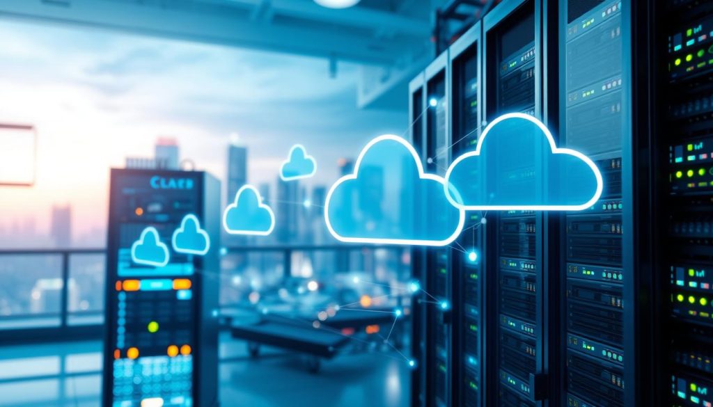 A visually striking representation of modern cloud infrastructure set in a dynamic digital environment. In the foreground, sleek server racks with glowing lights and data cables create a sense of high technology. The middle showcases a bustling network of cloud symbols, interconnected by glowing lines representing data flow. The background features a futuristic cityscape, hinting at technological innovation, with soft focus and a slightly blurred skyline to evoke depth. Use bright, cool colors for a clean and professional look, with soft, diffused lighting to create a polished atmosphere. Capture this scene from a slightly elevated angle to provide a comprehensive view, evoking a sense of progress and efficiency in cloud technology.