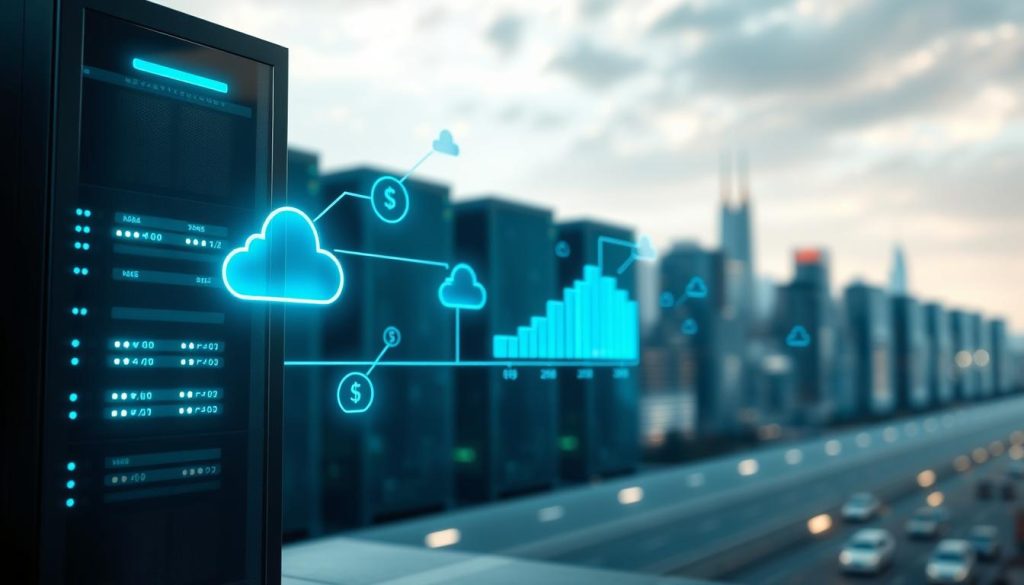 A visually striking representation of "scalability resources" in a digital landscape. In the foreground, a sleek, modern server with glowing lights symbolizes robust cloud hosting capabilities. The middle ground features interconnected cloud icons and resource bars that dynamically expand, illustrating growth and scalability. In the background, a cityscape softly blurred to indicate a strong digital presence, with abstract data streams flowing between clouds and servers. The lighting is bright and futuristic, with cool blues and greens dominating the palette, creating a sense of innovation and potential. The overall atmosphere is professional and optimistic, reflecting the evolution and management of technology resources. The angle is slightly elevated, showcasing the depth of the infrastructure and the seamless connectivity between components.