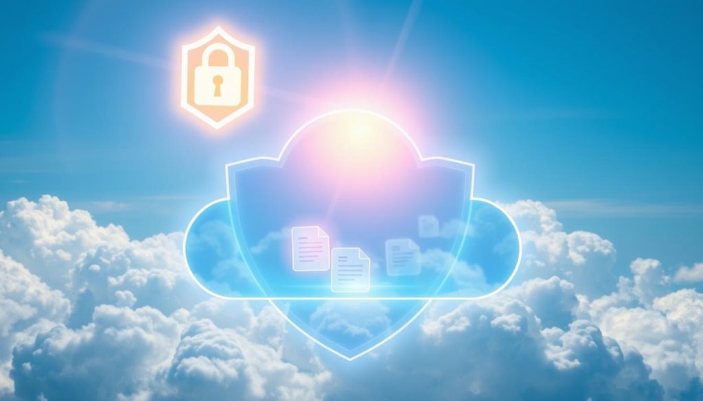 A visually striking representation of secure cloud security, featuring a digital cloud symbol surrounded by layered shields to represent strong protection. In the foreground, a glowing lock icon floats above the cloud, radiating light to symbolize encryption. In the middle ground, hints of sensitive data files, illustrated as glowing documents, are safely encased within the cloud. The background showcases a serene blue sky filled with soft, fluffy clouds, giving a sense of tranquility and reliability. The lighting is bright and clear, creating a sense of security, with a slight lens flare for a modern look. The atmosphere is professional and reassuring, conveying the importance of safeguarding sensitive financial data in the cloud.