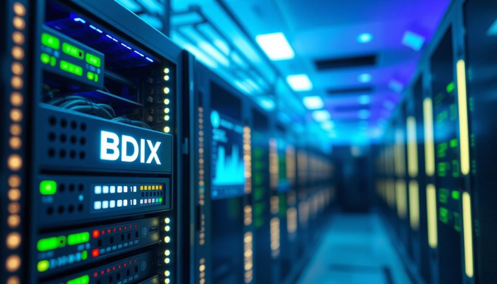 A visually striking scene representing the storage capacity for a website, focusing on a high-tech server room. In the foreground, a sleek, modern server rack labeled "BDIX Server" glows softly with LED lights, highlighting its impressive storage drives. The middle layer shows cables neatly organized and a digital dashboard displaying storage metrics and data flow, emphasizing reliability and efficiency. The background features blurred server units, creating a sense of depth, while soft blue and green ambient lighting casts a calm and professional atmosphere. A wide-angle lens captures the entire setting, providing a polished view that evokes trust in technology and service. The overall mood is one of professionalism and advanced technology, suitable for a tech-savvy audience.