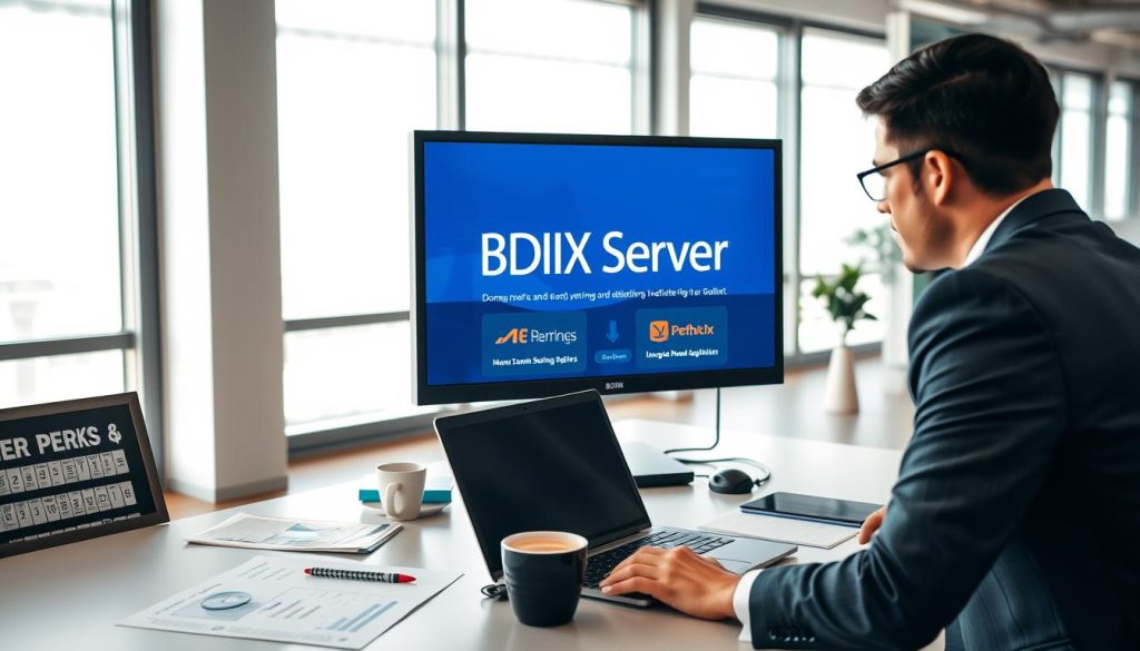 A visually striking scene showcasing a professional office environment where a computer screen displays the brand name "BDIX Server" prominently in an elegant font. In the foreground, an individual in smart business attire leans towards the screen, analyzing domain name offers with a focused expression. The workstation is adorned with SEO and web hosting-related materials, such as charts and brochures, hinting at free perks associated with domain registration. The middle layer features a sleek desk with a modern laptop, a notepad, and a cup of coffee, creating a productive atmosphere. The background reveals a bright office with large windows allowing natural light to flood the space, enhancing the mood of clarity and professionalism. The overall lighting is soft yet vibrant, emphasizing an environment conducive to thoughtful evaluation and decision-making.