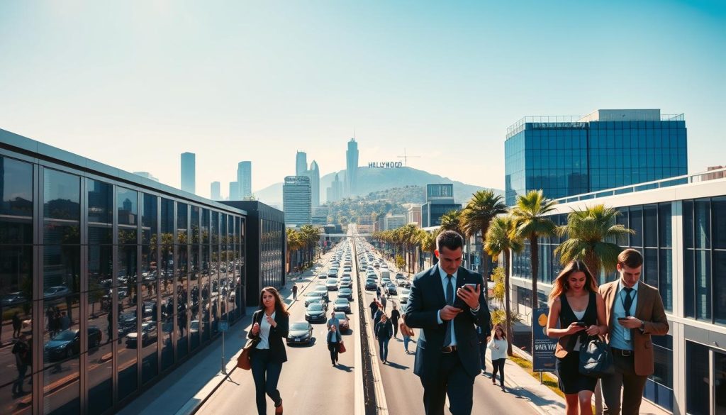 A vivid urban landscape of Los Angeles showcasing modern infrastructure designed for hybrid cloud solutions. In the foreground, sleek data centers and high-tech offices with large glass windows reflecting the city skyline. In the middle, a busy street with professionals in business attire using mobile devices, indicating a tech-driven environment. The background features iconic LA landmarks like the Hollywood sign and palm trees under a blue sky. Bright, natural lighting highlights the bustling atmosphere, while a slight lens flare adds warmth. The overall mood is dynamic and forward-thinking, emphasizing innovation and connectivity in the cloud hosting industry.