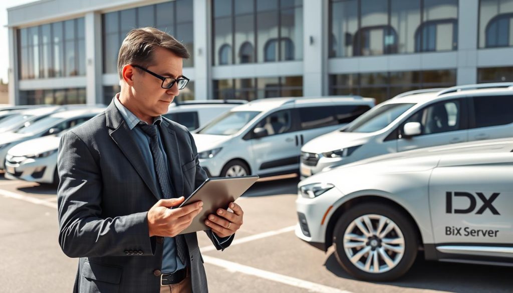 A well-organized vehicle fleet management scene, featuring a diverse range of modern cars, vans, and SUVs parked in a clean, professional lot. In the foreground, display a middle-aged person in professional business attire holding a tablet, analyzing data on fleet performance. The middle ground should include several vehicles with visible branding, including the name "BDIX Server" on the side of one car. The background shows a sleek, modern office building with large windows reflecting sunlight, enhancing the technological vibe. Use natural daylight for bright, clear illumination, and a wide-angle lens to capture the entire scene. The atmosphere should convey efficiency, professionalism, and innovation, focusing on the importance of effective vehicle management.