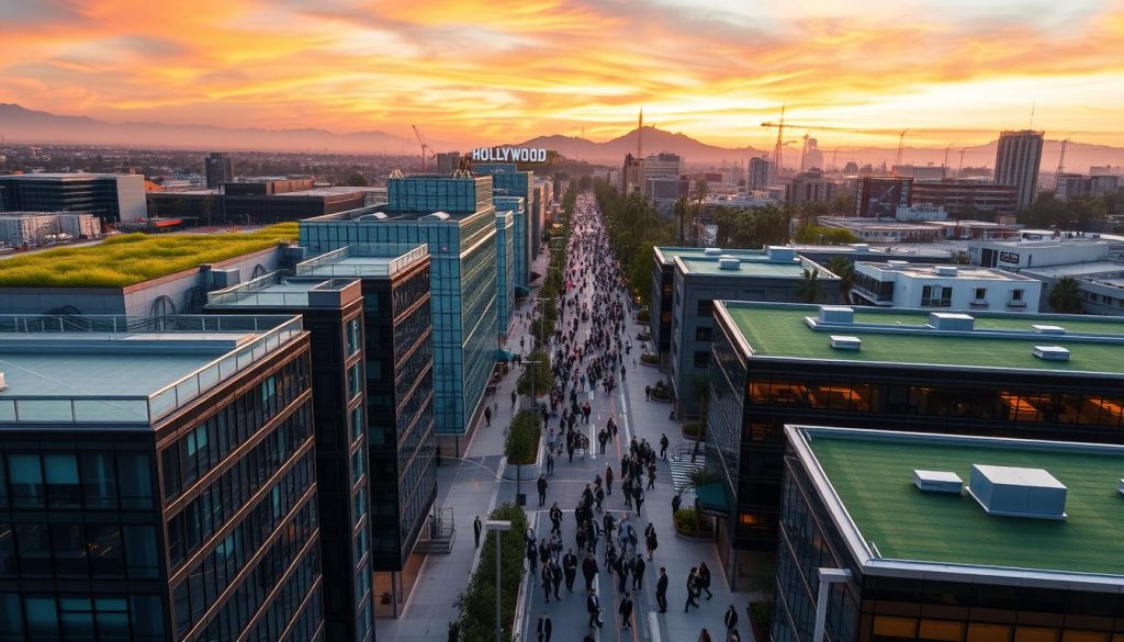 Aerial view of a vibrant Los Angeles data center district at sunset, showcasing modern buildings with green roofs connected by visible data lines and fiber cables. In the foreground, sleek, reflective glass structures emphasize technology and innovation. In the middle, bustling streets filled with professionals in smart business attire, discussing and collaborating. The background features iconic Los Angeles landmarks, such as the Hollywood sign and palm trees contrasting against a colorful sky. Soft, warm lighting bathes the scene, creating an atmosphere of technological advancement and collaboration. Capture the essence of connectivity and data exchange, reflecting the dynamic energy of hybrid cloud hosting in Los Angeles. Use a wide-angle lens to emphasize the urban scale and connectivity elements.