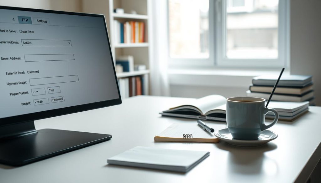 An organized workspace with a clean desktop featuring a modern computer displaying a detailed email and FTP settings interface. In the foreground, a close-up of the screen shows user-friendly forms for entering server addresses, usernames, and passwords, illuminated by soft, diffused lighting. The middle ground contains a slim laptop open next to a notepad with neatly written notes and a cup of coffee, suggesting a productive environment. In the background, a subtle bookshelf filled with technology books creates a professional atmosphere. The overall mood is focused and serene, with natural light coming from a nearby window, casting gentle shadows across the scene. An organized workspace with a clean desktop featuring a modern computer displaying a detailed email and FTP settings interface. In the foreground, a close-up of the screen shows user-friendly forms for entering server addresses, usernames, and passwords, illuminated by soft, diffused lighting. The middle ground contains a slim laptop open next to a notepad with neatly written notes and a cup of coffee, suggesting a productive environment. In the background, a subtle bookshelf filled with technology books creates a professional atmosphere. The overall mood is focused and serene, with natural light coming from a nearby window, casting gentle shadows across the scene.