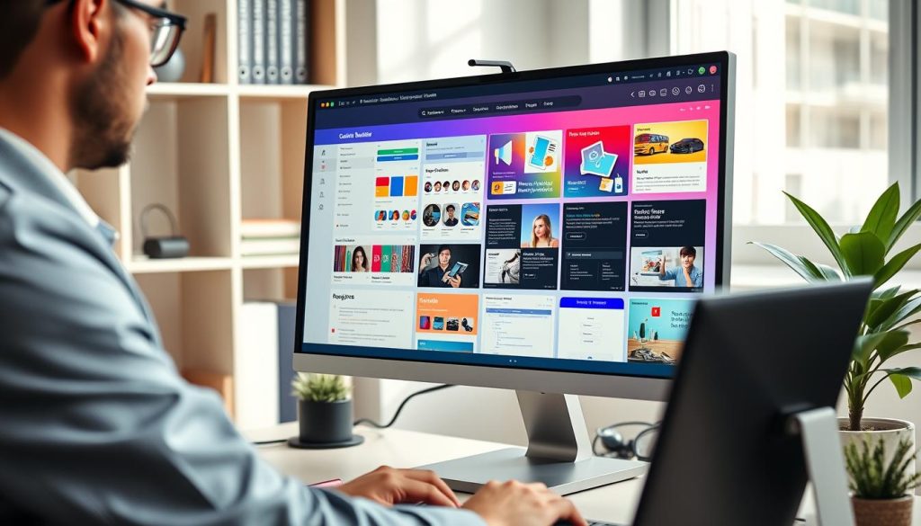 In a modern, bright workspace, a desktop computer displays a vibrant website builder interface filled with colorful templates and design tools. In the foreground, a professional in business attire is focused on the screen, using a mouse to click on various features like drag-and-drop elements and color palettes. The middle layer shows various digital tools like charts, coding snippets, and previews of responsive designs on different devices. In the background, a minimalist bookshelf holds web development books and a potted plant adds a touch of greenery, enhancing the professional atmosphere. Soft, natural lighting filters through a window, creating an inviting and productive mood, captured from a slightly elevated angle to showcase the workspace’s layout effectively.