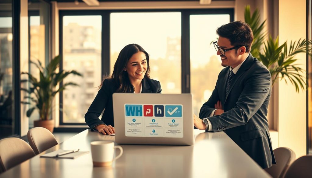 In a vibrant Houston office setting, two professionals in smart business attire are engaged in a friendly discussion over a laptop displaying web hosting services. The foreground features a sleek table with a few notes and a coffee cup. In the middle, the duo, a confident woman with dark hair and a focused man with glasses, attentively share insights. The background showcases a modern office with large windows allowing warm natural light to flood in, creating a welcoming atmosphere. Soft shadows cast by indoor plants enhance the inviting feel. The image captures a collaborative mood, emphasizing trust and expertise in local web hosting services. The overall color palette is warm and inviting, complementing the professional yet relaxed environment. In a vibrant Houston office setting, two professionals in smart business attire are engaged in a friendly discussion over a laptop displaying web hosting services. The foreground features a sleek table with a few notes and a coffee cup. In the middle, the duo, a confident woman with dark hair and a focused man with glasses, attentively share insights. The background showcases a modern office with large windows allowing warm natural light to flood in, creating a welcoming atmosphere. Soft shadows cast by indoor plants enhance the inviting feel. The image captures a collaborative mood, emphasizing trust and expertise in local web hosting services. The overall color palette is warm and inviting, complementing the professional yet relaxed environment.